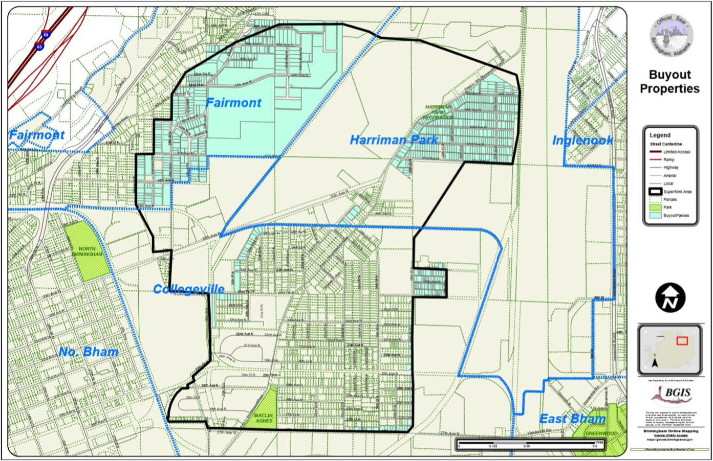 The map of the portion of north Birmingham where residents would be eligible for buyouts in the leaked “Big Ask” plan. Only owners of the properties shaded light blue would qualify for buyout offers. Credit: City of Birmingham document obtained by ProPublica
